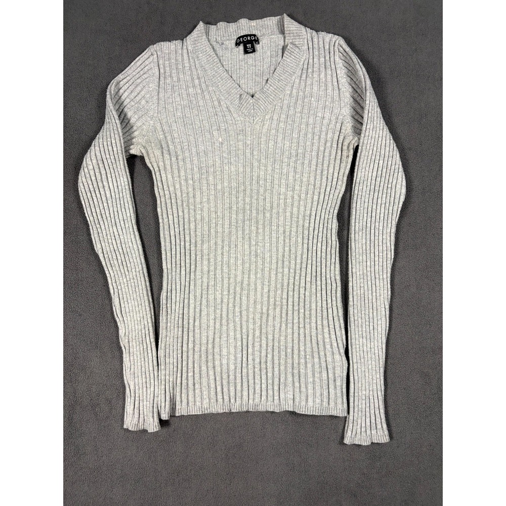 George Sweater Womens Small Heathered Gray V Neck Ribbed Knit Fitted Long Sleeve
